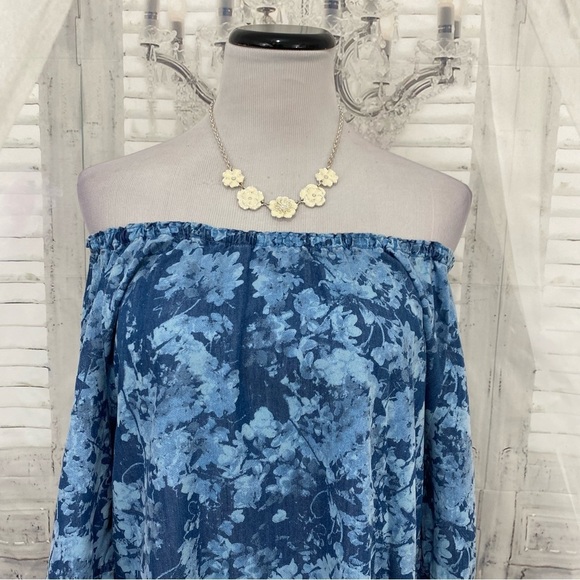 Ruby Rd Size PM Petite Medium Blue Shift Dress Floral 3/4 Sleeve Off Shoulder - Picture 2 of 8